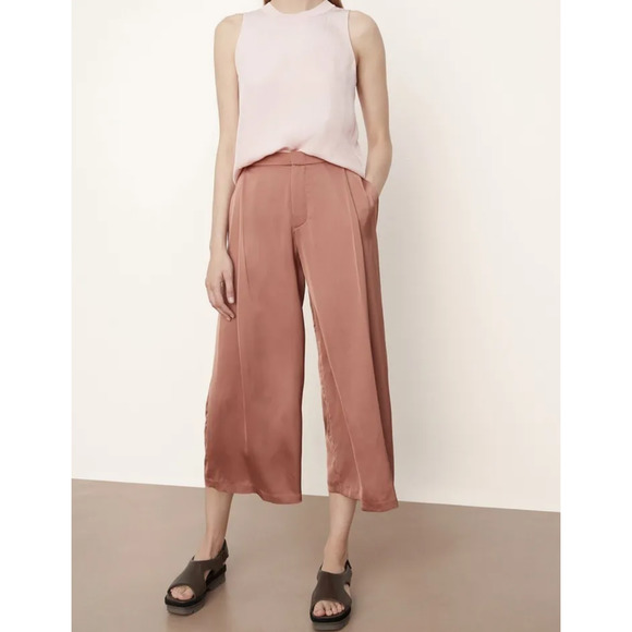 Vince Pants - VINCE Satin High Waist Pants Womens 12 Pleated Wide Leg Cropped Silky Dressy